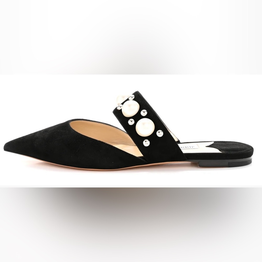 Jimmy Choo Suede Pearly Stud Embellished Basette Flat Mules - Picture 2 of 10
